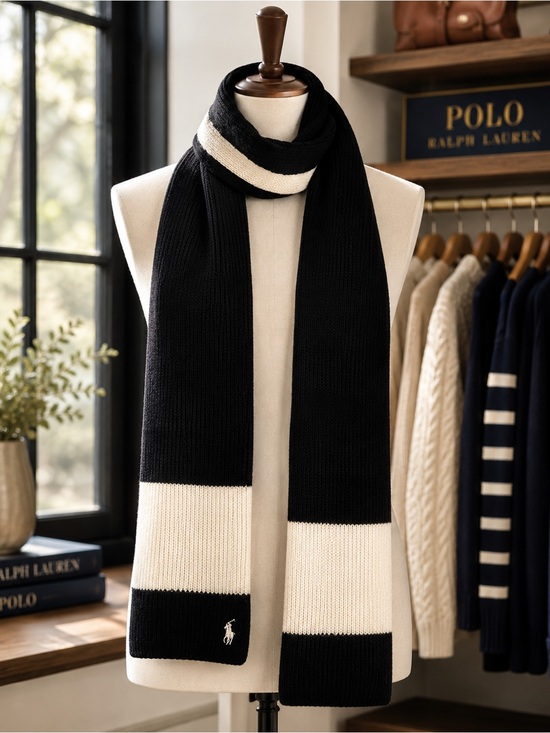 Polo Ralph Lauren Accessories - Polo Ralph Lauren Colorblock Knit Scarf Black Ivory One Size Wool Blend